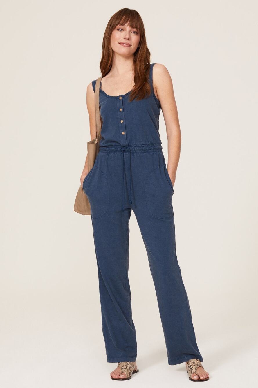 Faherty Terra Organic Cotton Drawstring Button Front Sleeveless Blue Jumpsuit XS